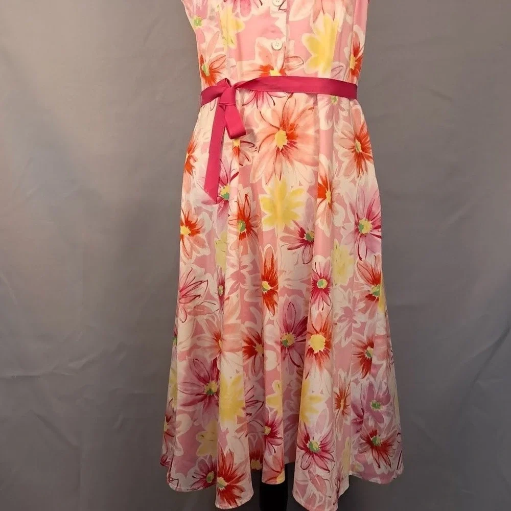 Vintage 90s SCARLETT 14‎ Floral Sleeveless Shirt Dress Pink Yellow Cottagecore